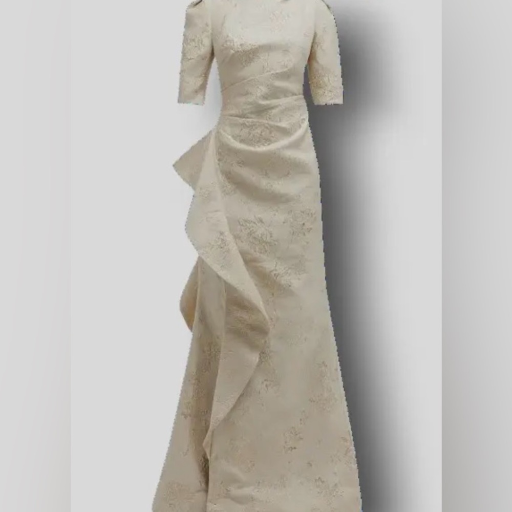 Neiman Marcus Mother of Bride Formal Gold Side Ruffle Trumpet Jacquard Gown sz 2